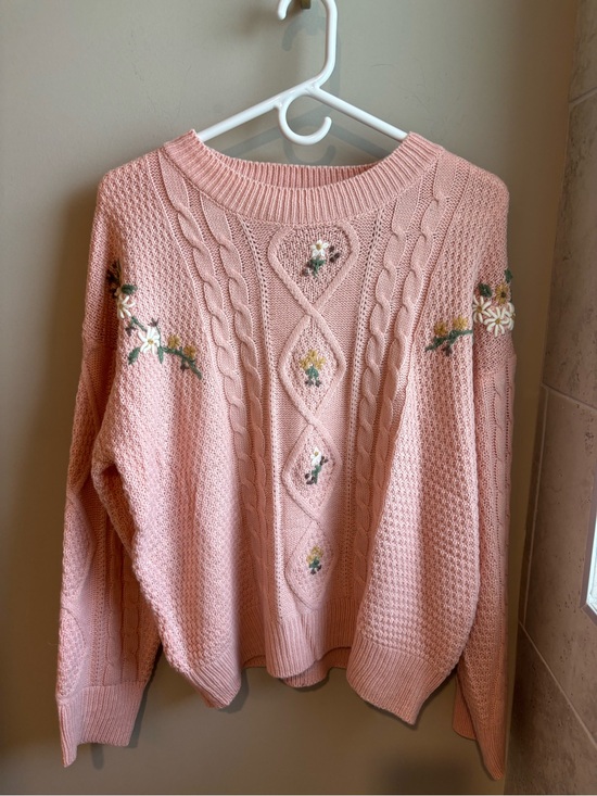 So Me Sweaters - So Me Pink Cable Knit Sweater with Floral Embroidery
